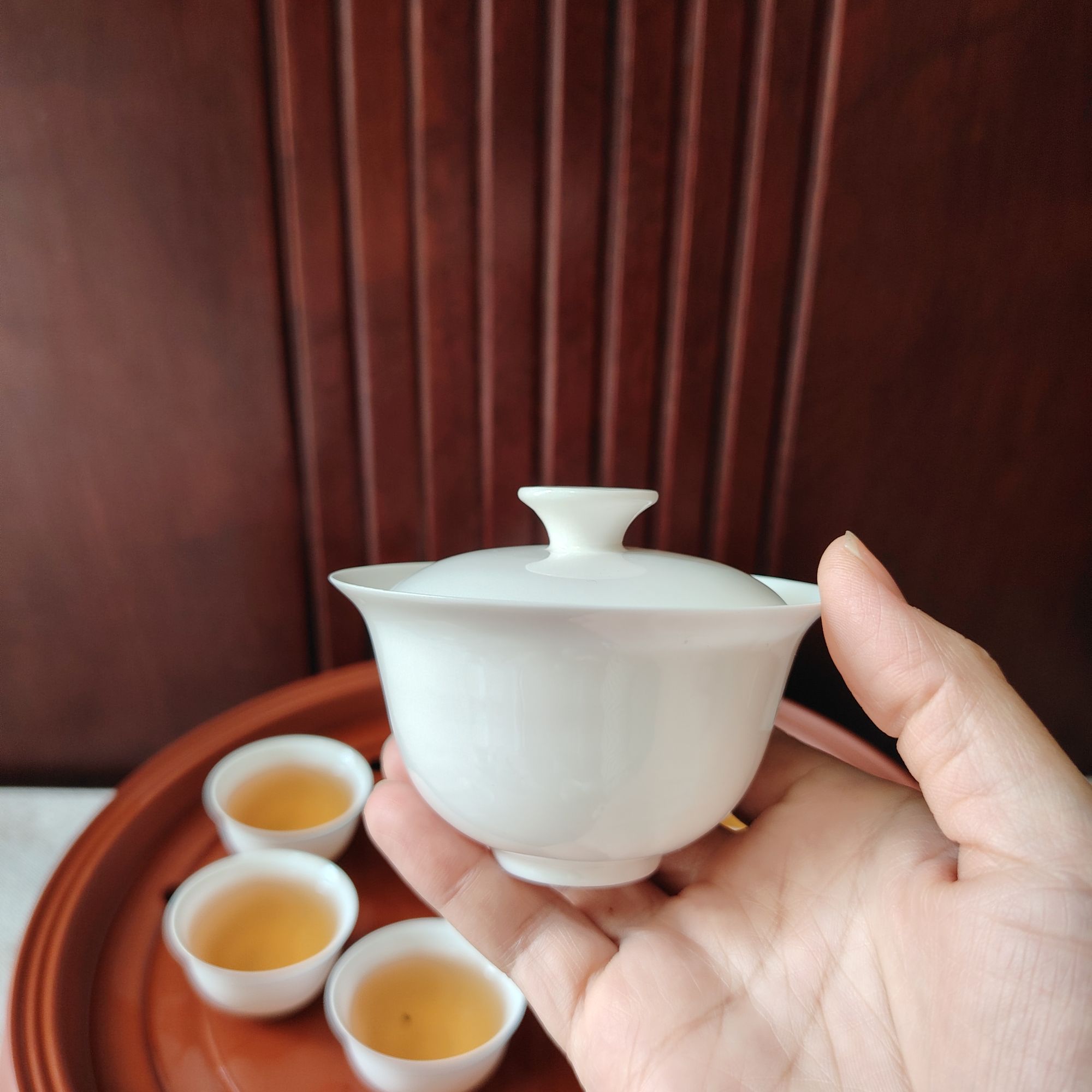 潮州骨瓷超薄胎盖下100毫升三才元宝盖碗大撇口防烫手实心盖钮