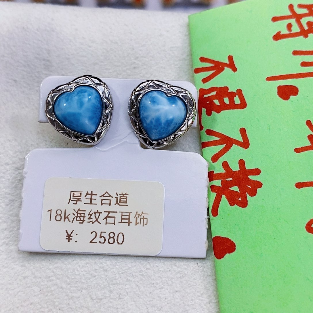 针钠钙石（海纹石）耳饰18K金镶嵌