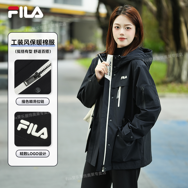 Fila/斐乐新雪丽棉服女冬宽松工装风保暖连帽运动棉服F61W548998A