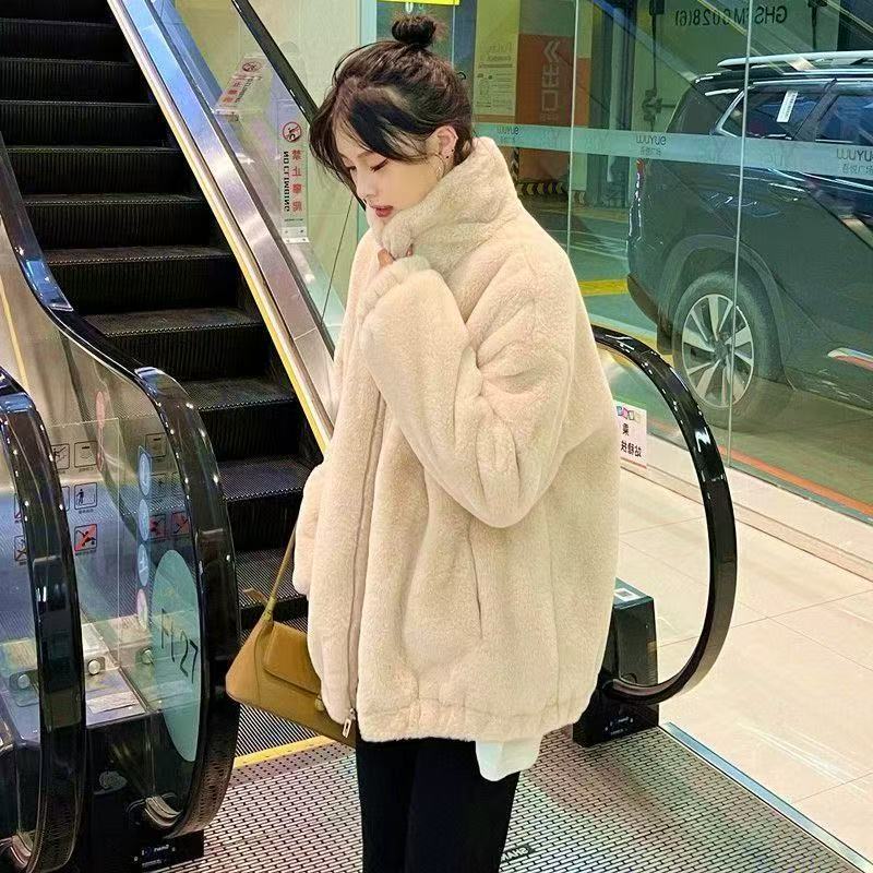 G001新款宽松仿兔毛立领棉衣加厚毛毛外套毛绒外套女冬款保暖棉服