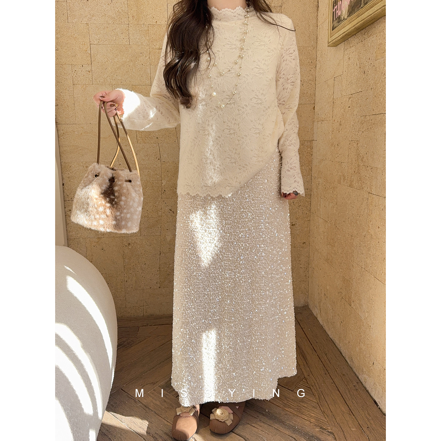 应小姐【奶油星空】微胖大码冬季韩版复古温柔气质优雅亮片半身裙