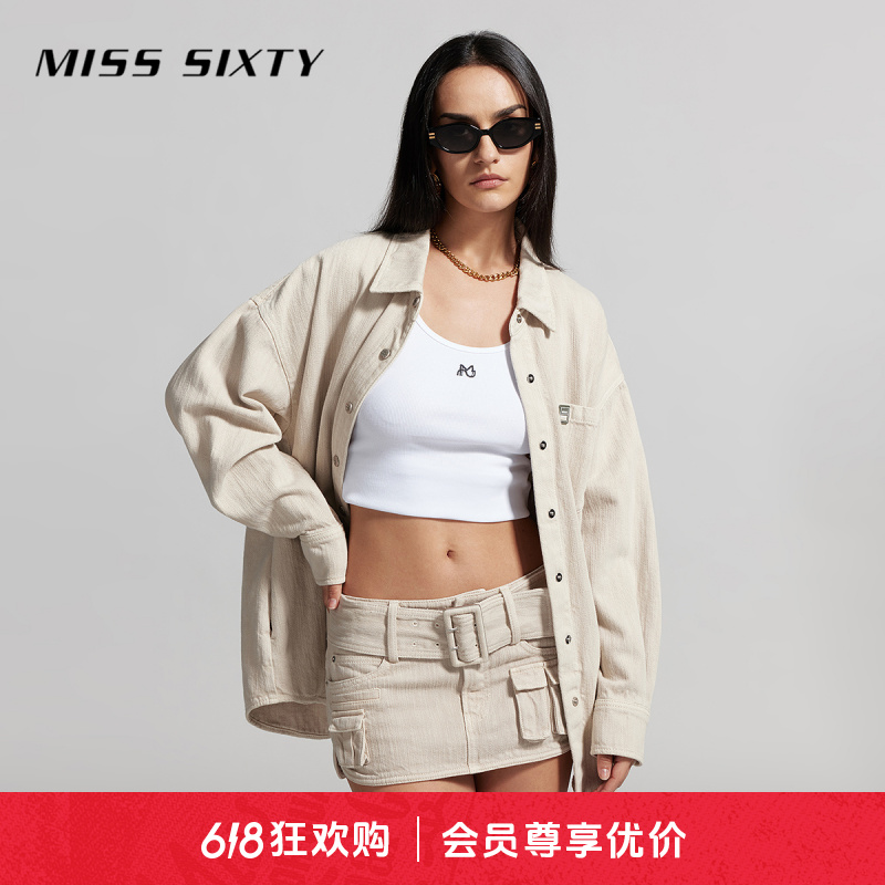 Miss Sixty夏季新款牛仔衬衫女长袖单排扣polo领美式街头休闲