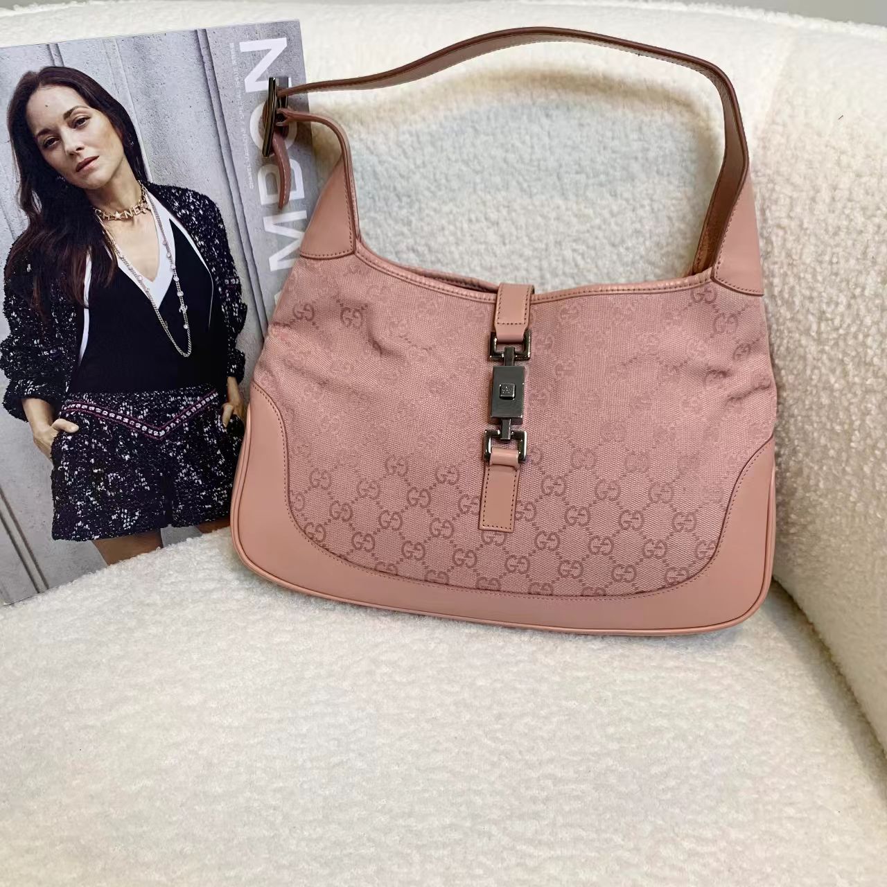 99新 GUCCI/古驰 壹臻/粉色帆布拼皮中古jackie/ 80312855