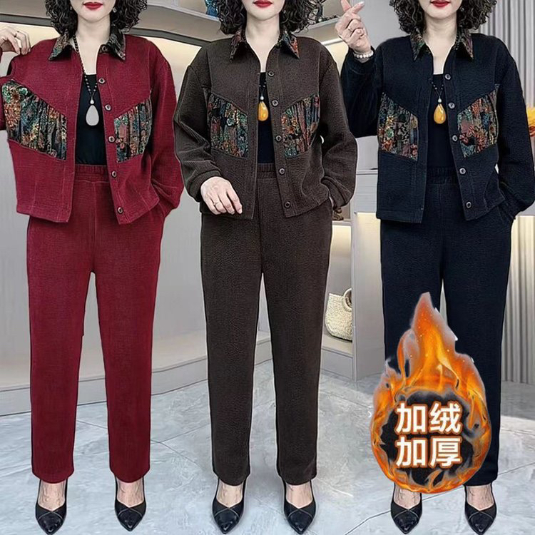 春秋新款欧棉绒拼接国风图案时尚洋气显瘦妈妈装套装气质大码加绒