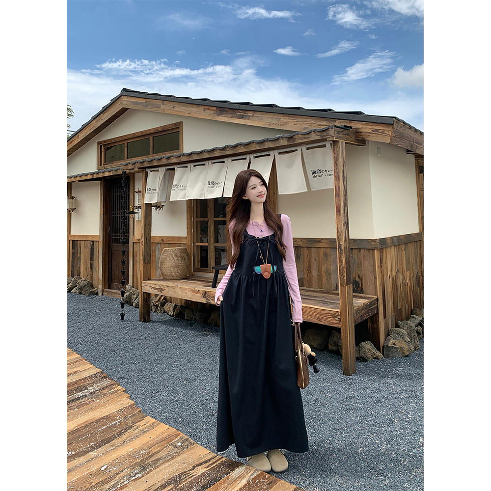 【艺术生背带裙】抽绳宽松A字连衣裙中长款女22580#