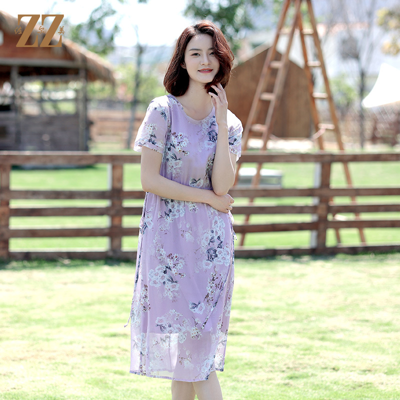 佐尔美夏季新款桑蚕丝真丝乔其碎花连衣裙女E12LS82