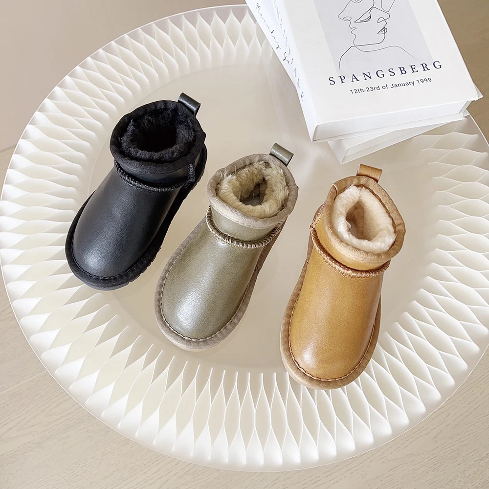 【工厂直供】油蜡皮款时尚儿童雪地靴真牛皮防滑保暖加厚