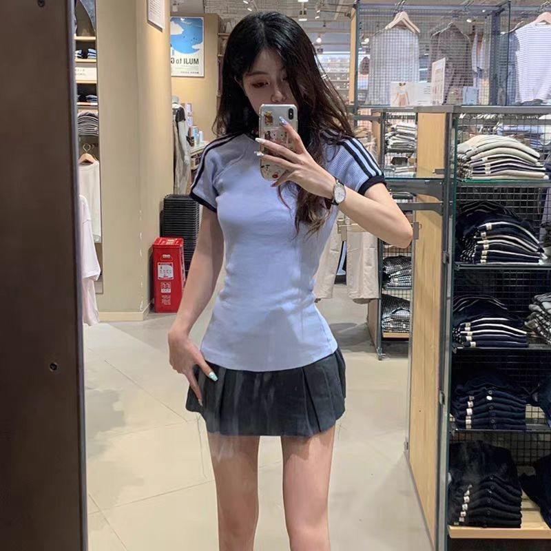 【奥莱清仓撤柜】针织罗纹短袖t恤高弹力修身显瘦女生
