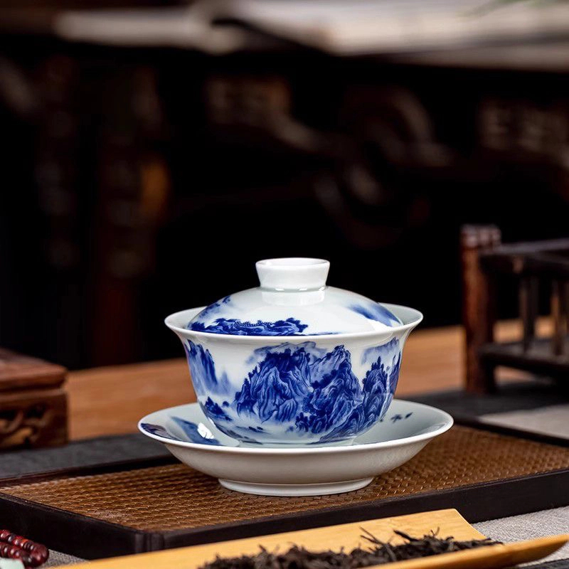 景德镇陶瓷七丞堂高白瓷盖碗茶杯青花瓷千里江山三才杯子功夫茶具