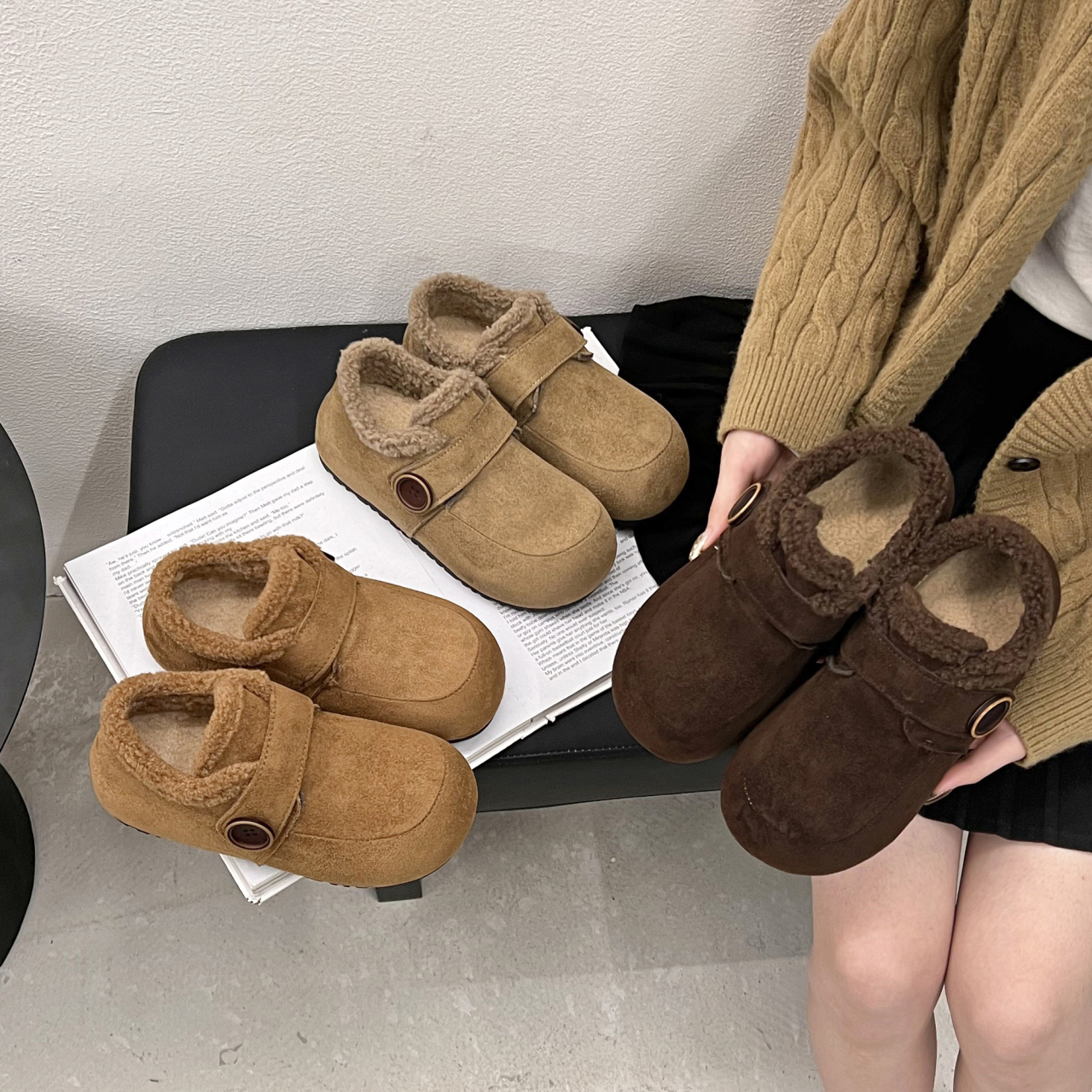 “BAOBAO”厚底加绒勃肯鞋女小个子增高慵懒保暖冬季一脚蹬毛毛鞋女