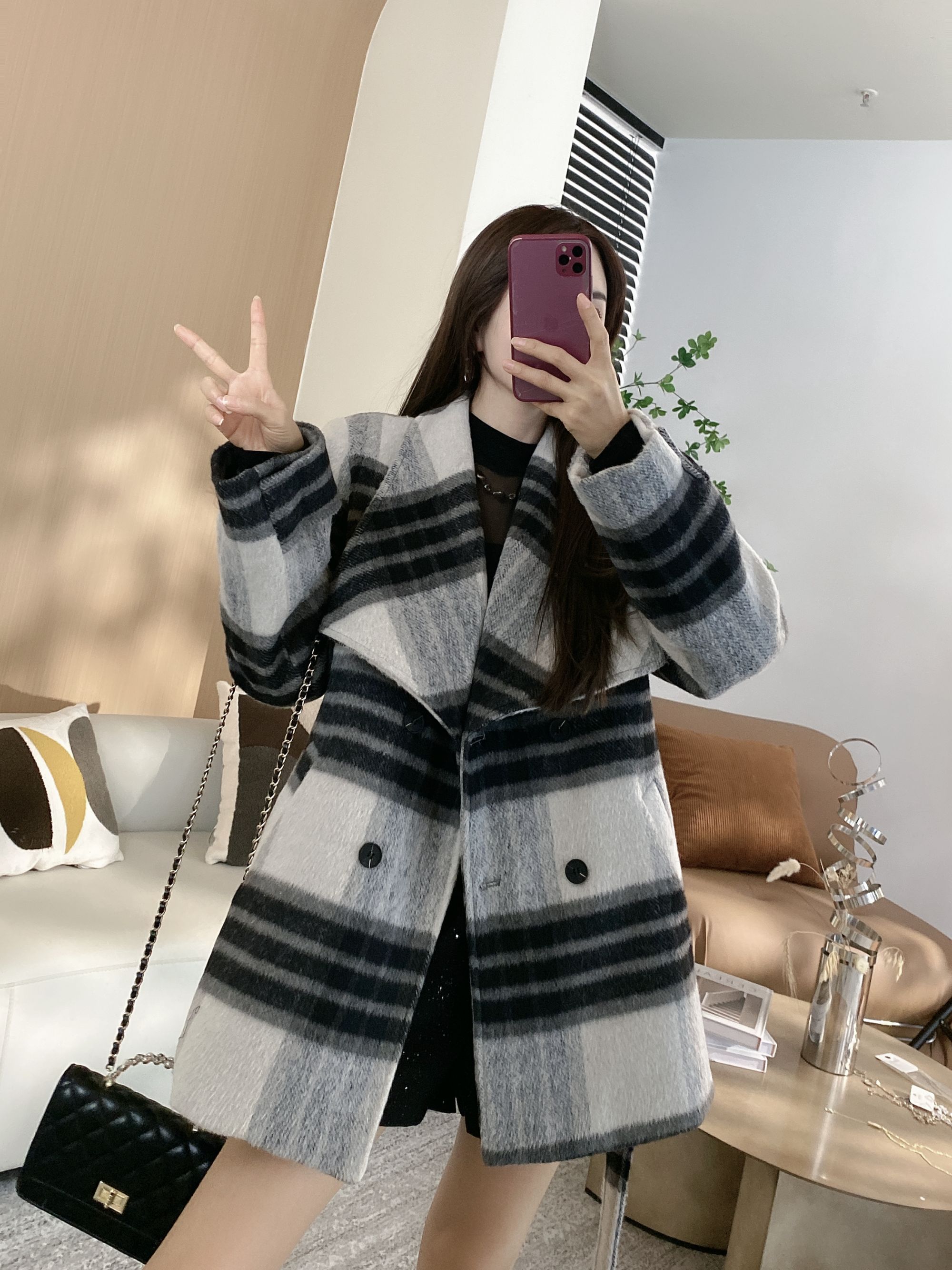 大格子大翻领羽绒外套（本布腰带）6147