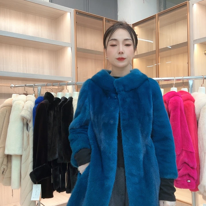 圆领孔雀蓝中长款0249