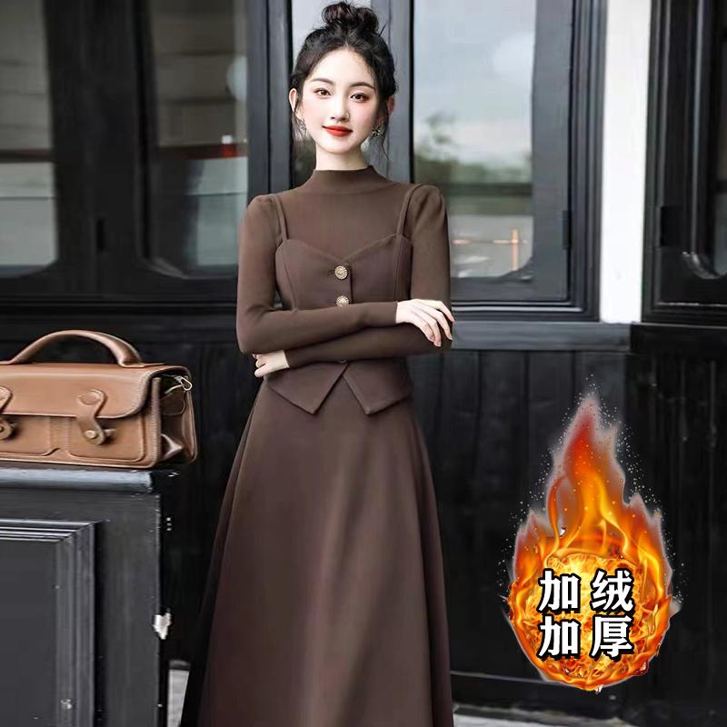 加绒打底裙女装连衣裙假两件小香风套装连衣裙显瘦穿搭新款A8024