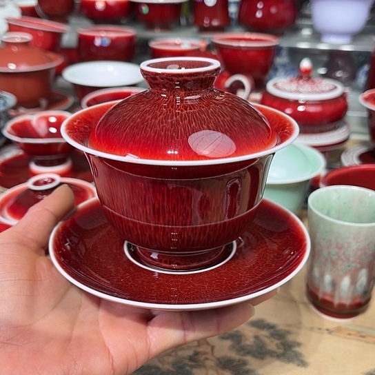 景德镇陶瓷红马坊盖碗