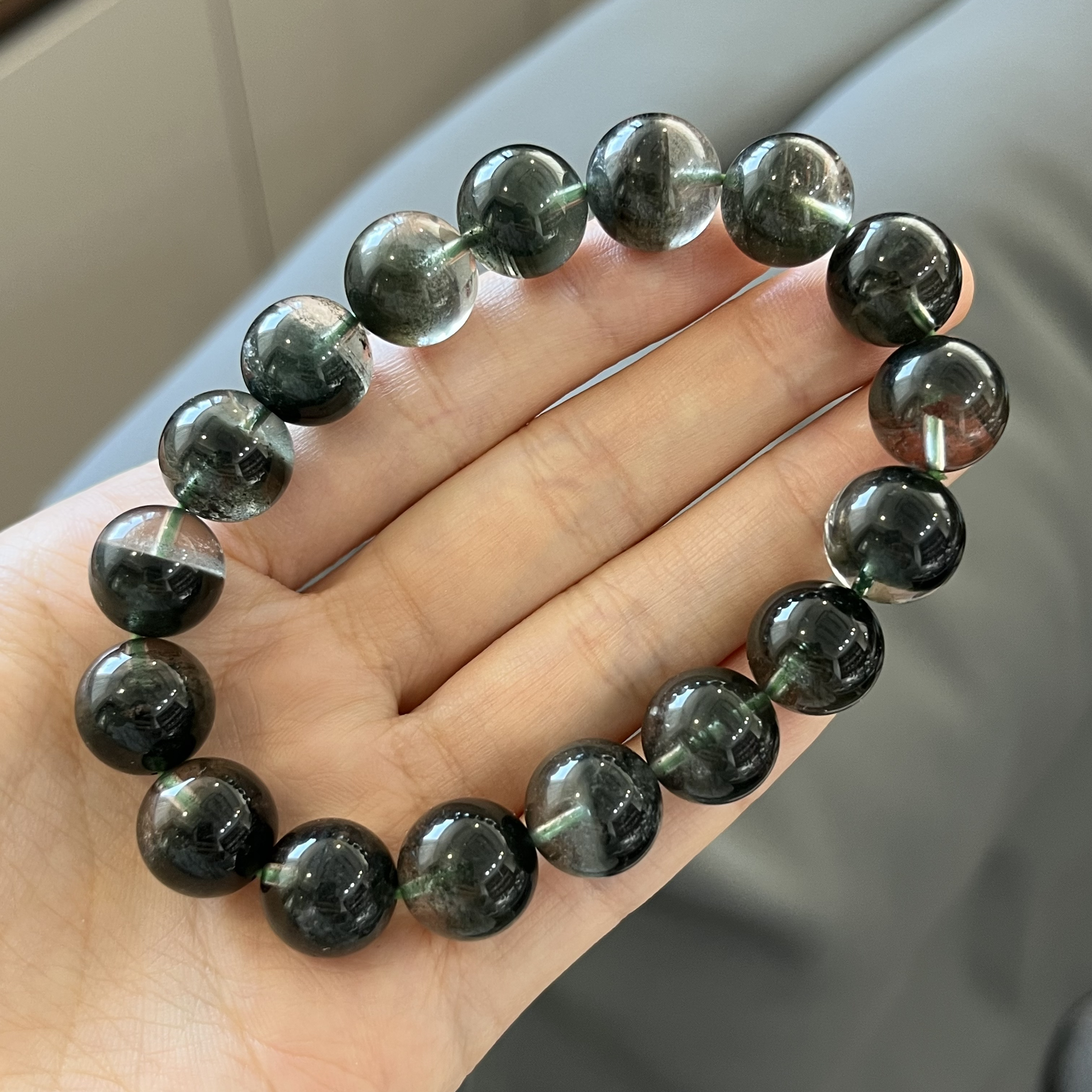 天然水晶绿幽灵聚宝盆手链珠径近13mm