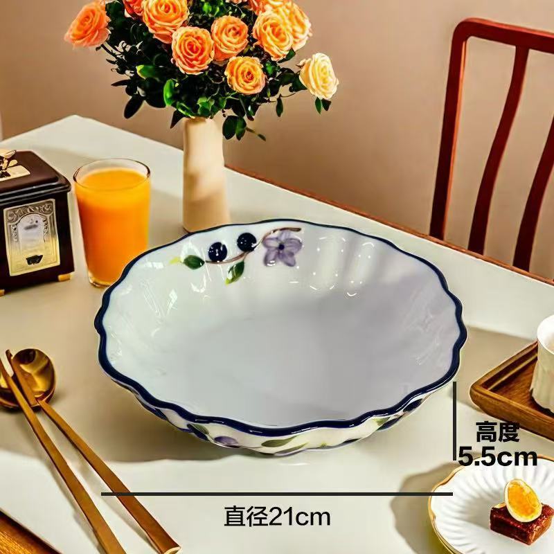 手绘浮雕款陶瓷圆盘家用菜盘手绘釉下彩8寸单个装