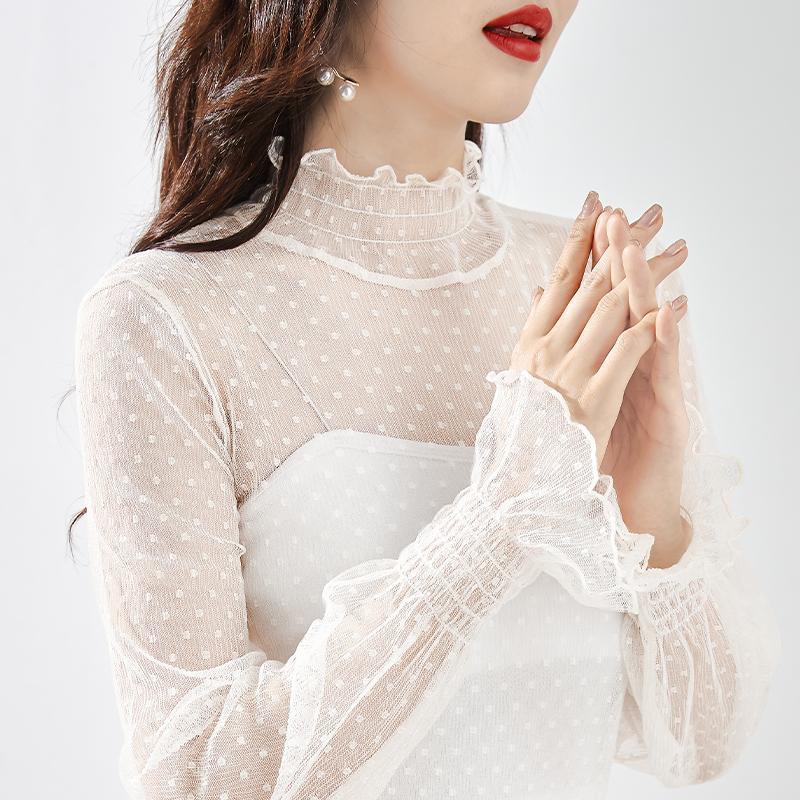 波点网纱打底衫2025新款长袖洋气半高领黑色纱衣内搭欧洲站蕾丝上