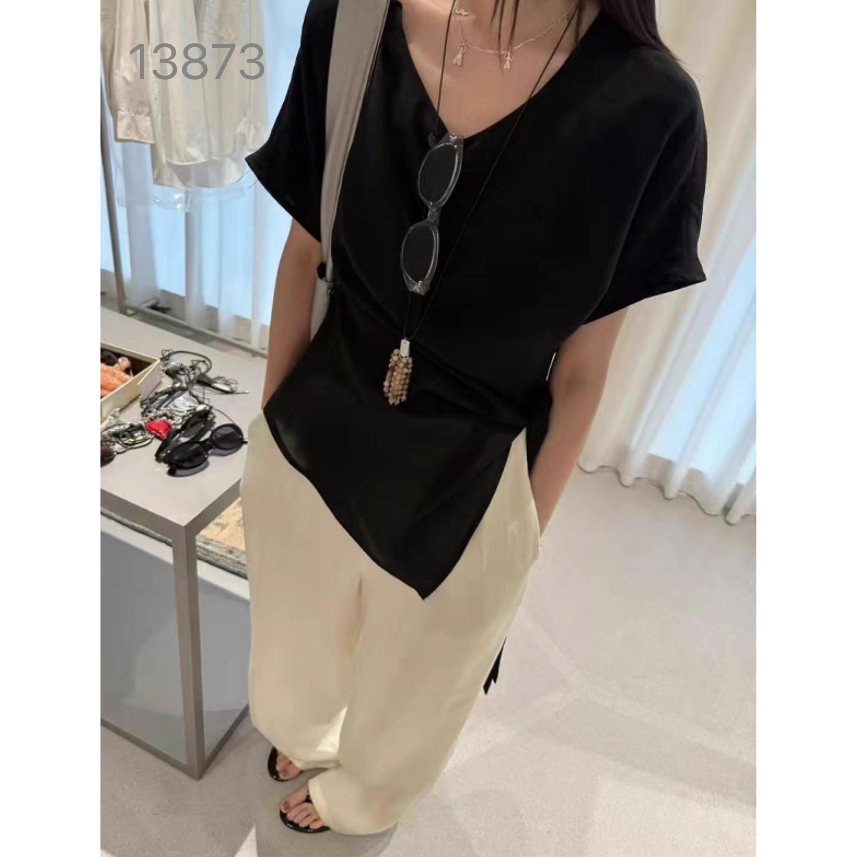 13873  SANFAN  新款腰部绑带衬衣短袖