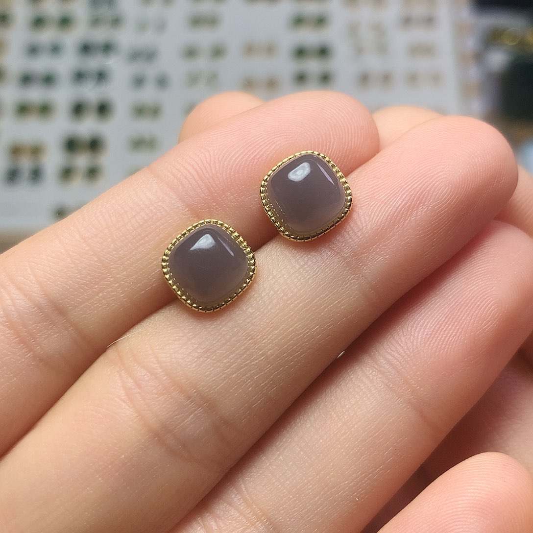 银S925镀金镶嵌和田玉（白玉）耳饰真*