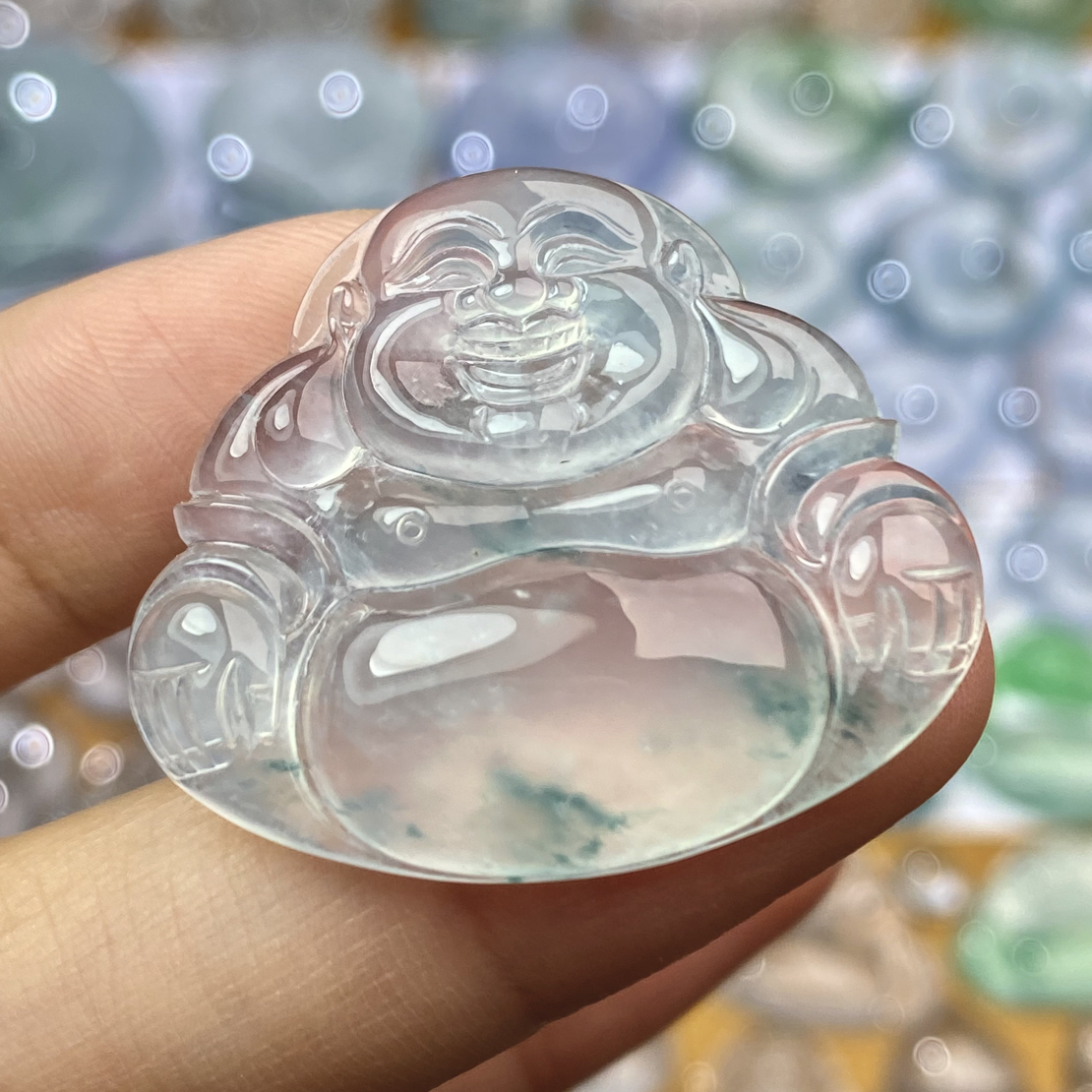 天然缅甸a货翡翠佛公高冰飘蓝花一刀切弥勒佛 尺寸：28.6-33.6-6.1