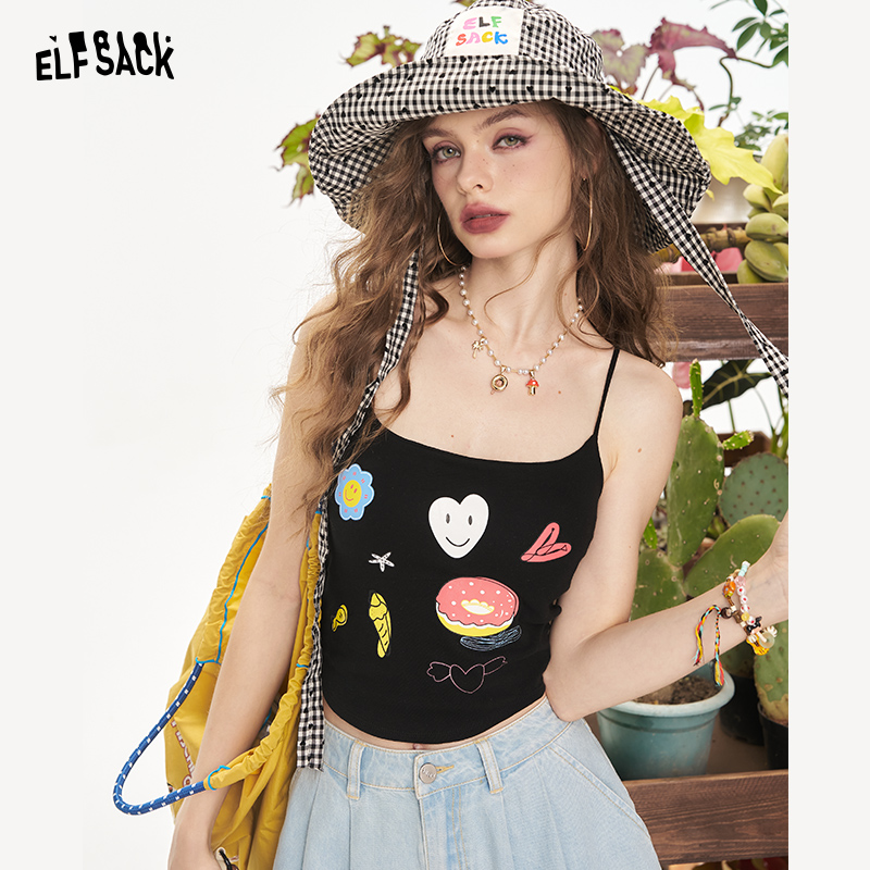 妖精的口袋夏季新款网红创意卡通印花吊带美背内搭上衣25218064