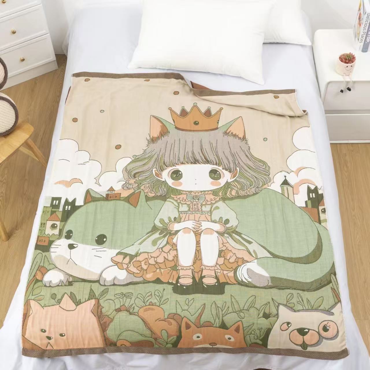 【皇冠女孩】全棉纱布120*150亲肤可爱卡通柔软儿童面包被休闲毯