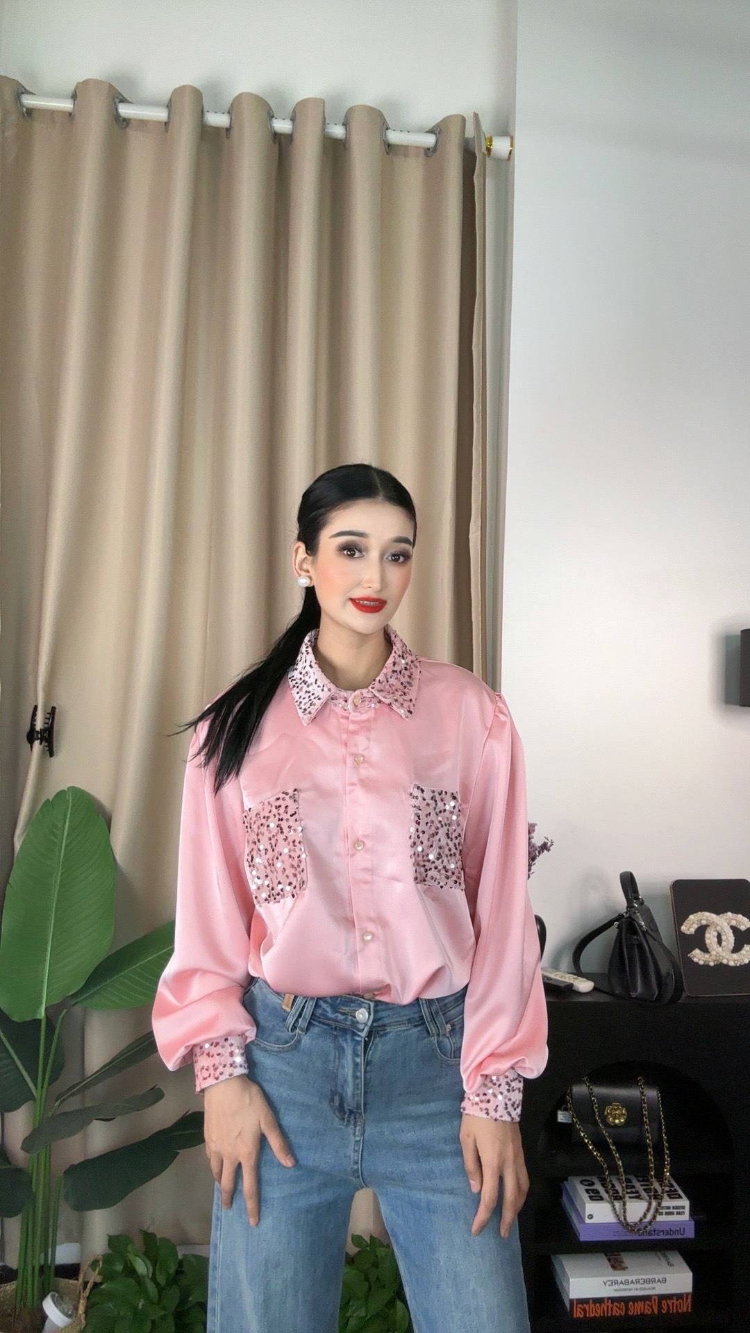 新款秋季高级粉色两件套装上衣和裤子