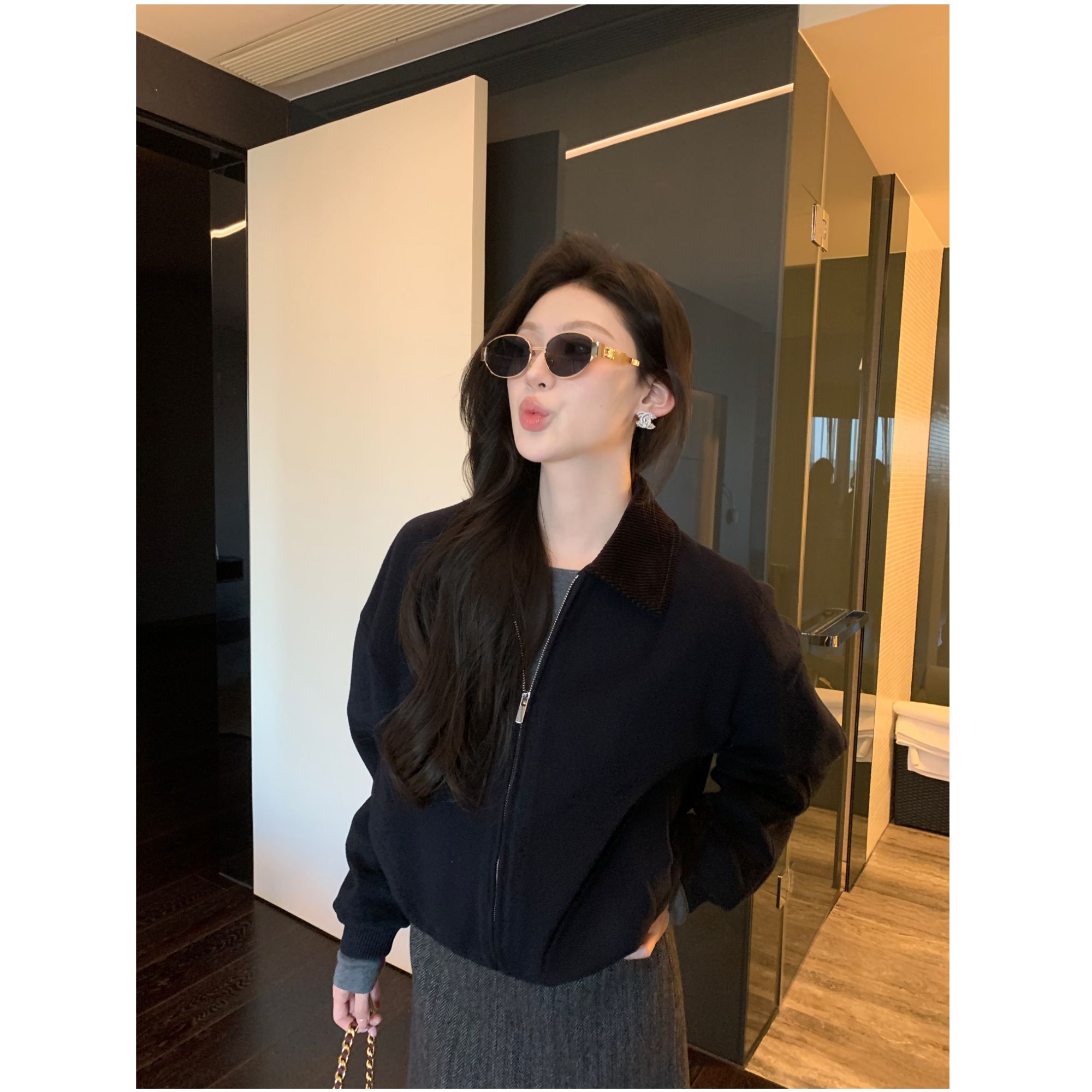 JINY | “蓝调时刻"【羊毛】立领拼接拉链毛呢夹克外套女 MAW29979