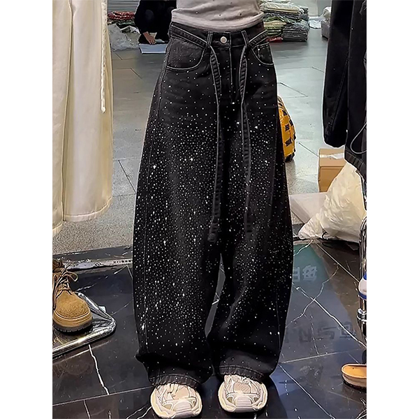 美式辣妹时尚满天星亮钻牛仔裤子女复古加绒设计感阔腿百搭拖地裤