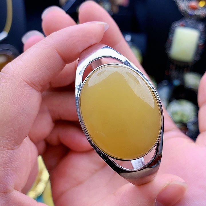 琥珀裸石银S925镶嵌手镯