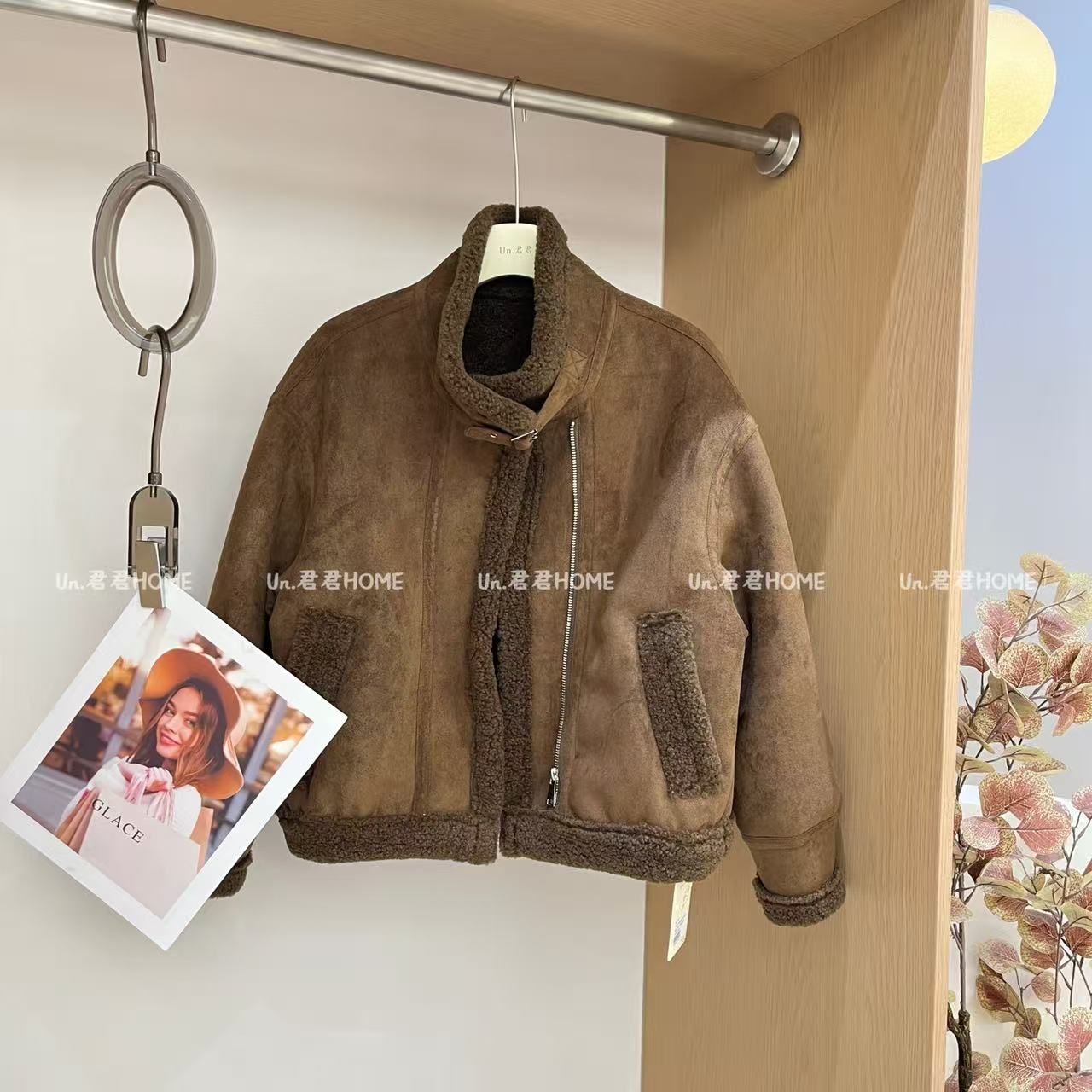 君君家【机车款】韩版立领羊羔毛加厚短款鹿皮绒外套726