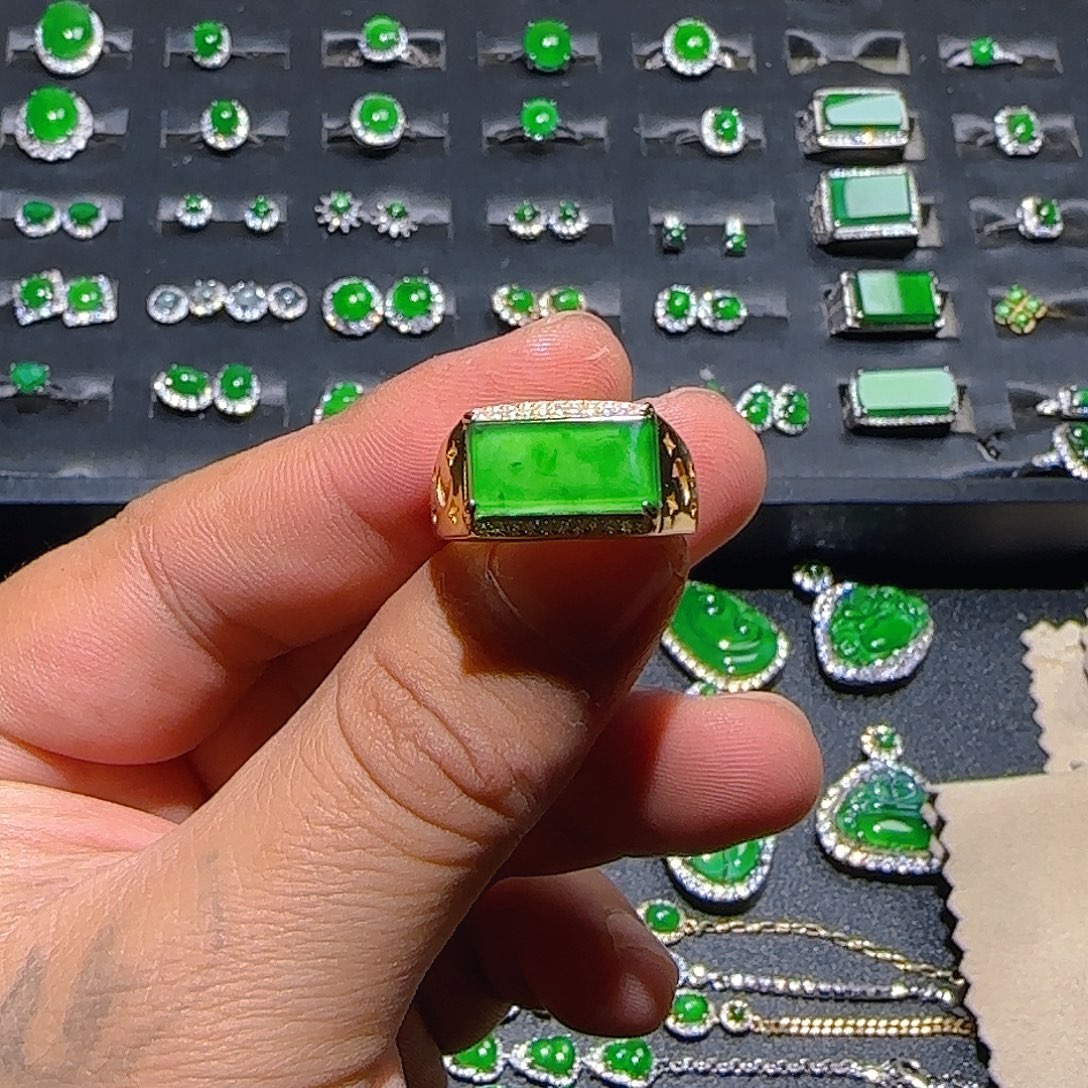 翡翠银S925镀金镶嵌戒指