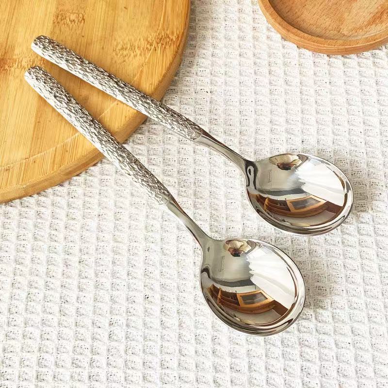 【8只装】不锈钢冰裂纹勺子精致长柄调羹汤勺甜品吃饭勺子搅拌勺子