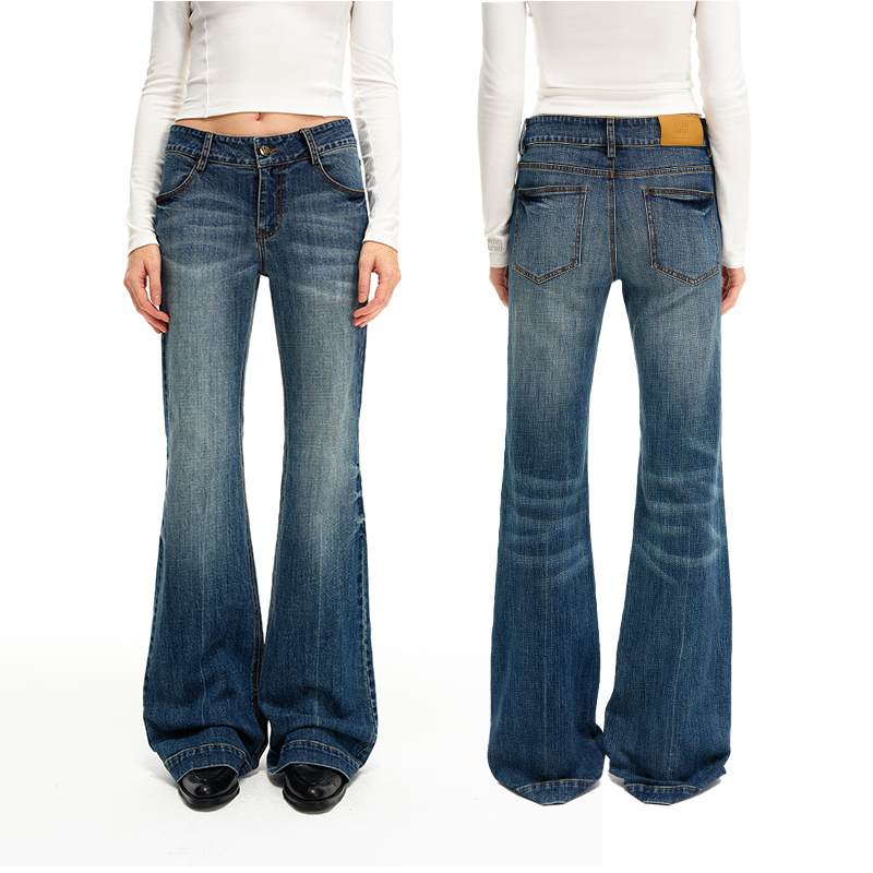 PUKI 12盎司特深蓝竖竹节蓝色超比例低腰复古低显瘦微喇牛仔裤