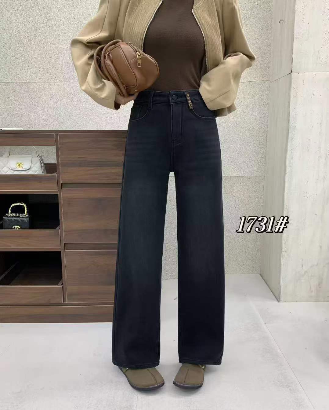 1731裤子女高个子加长直筒裤加绒牛仔裤直筒裤高腰女显瘦