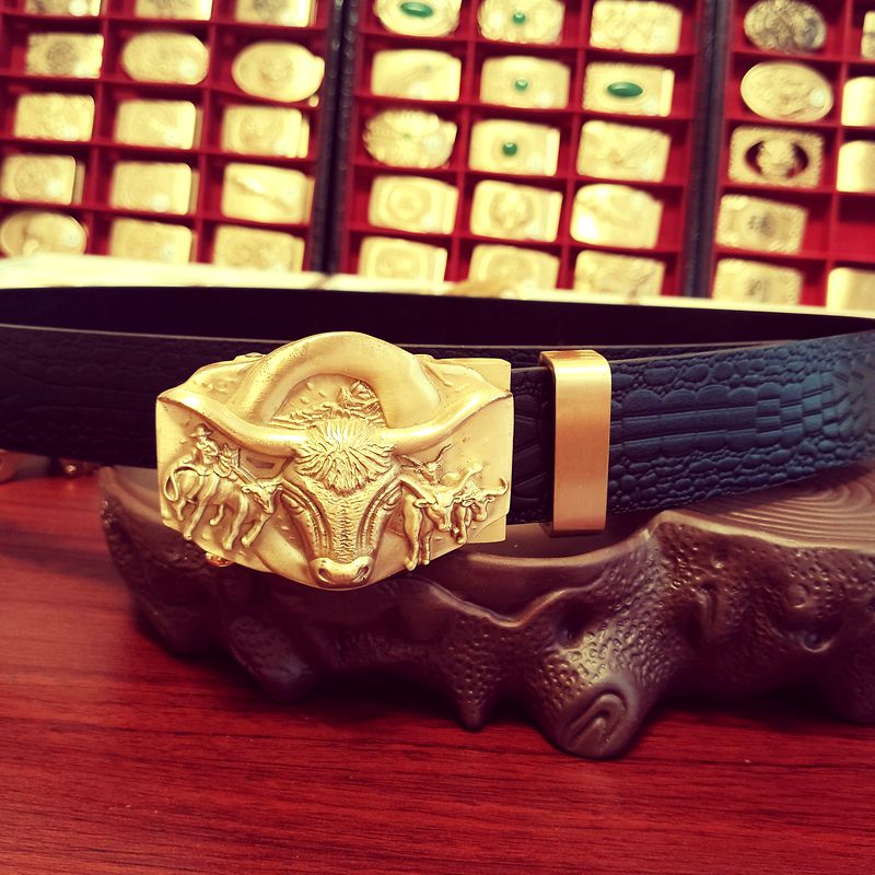 【匠心定制】浮雕大牛头自动扣套装头层牛皮百搭男士腰带真皮皮带9