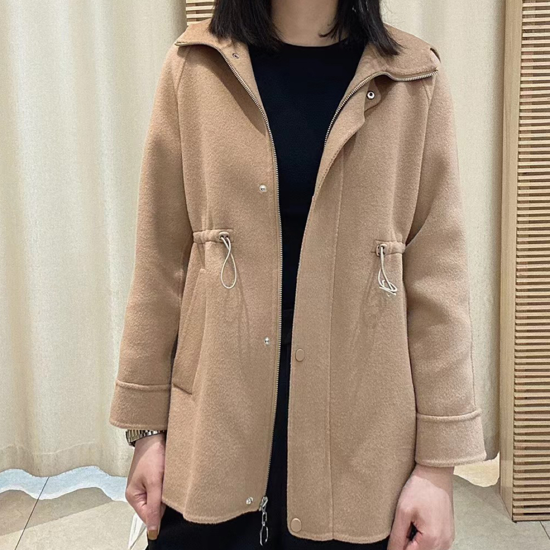女士绵双面呢抽绳显瘦收腰大衣