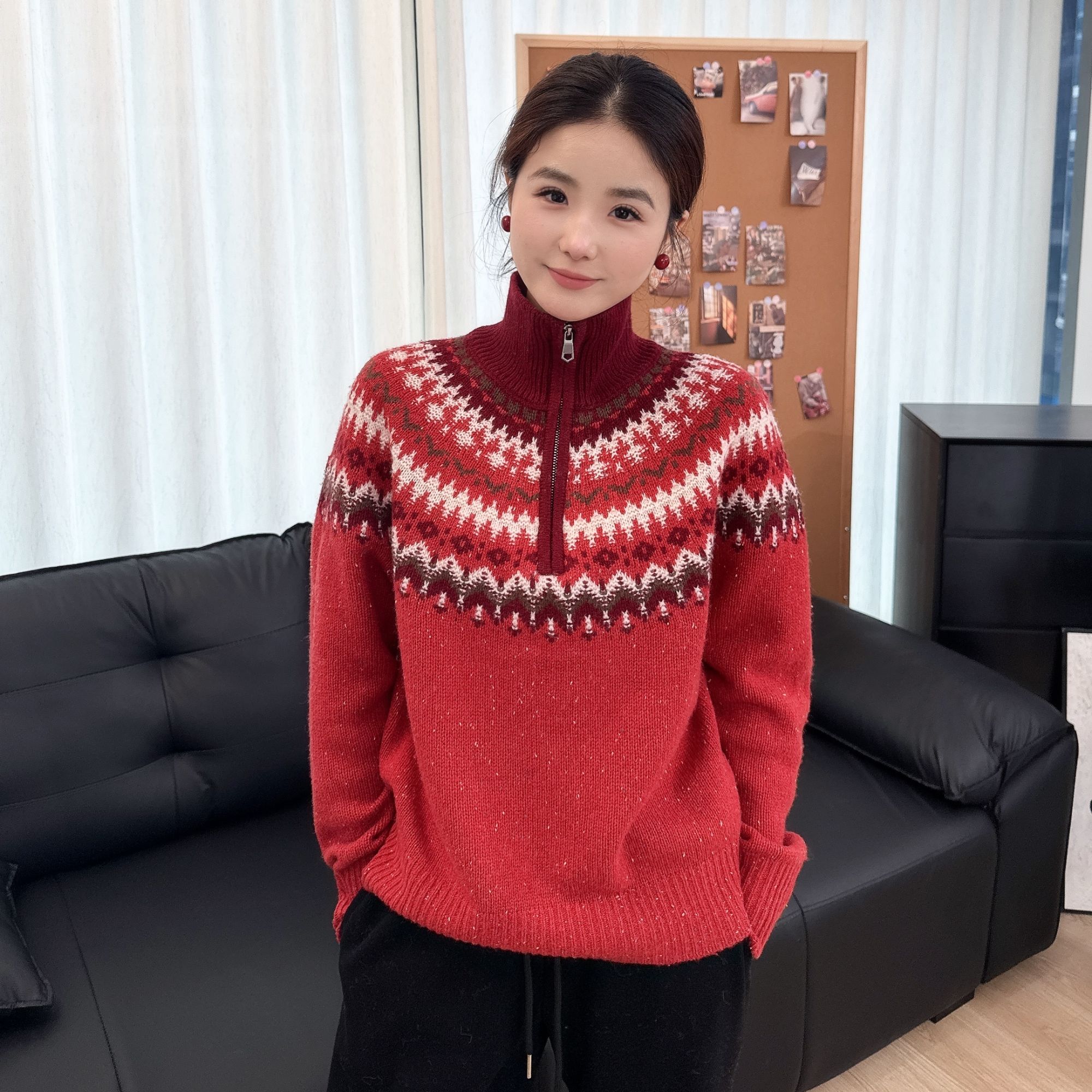  青禾叙 拉链费尔岛领百搭加厚羊毛毛衣