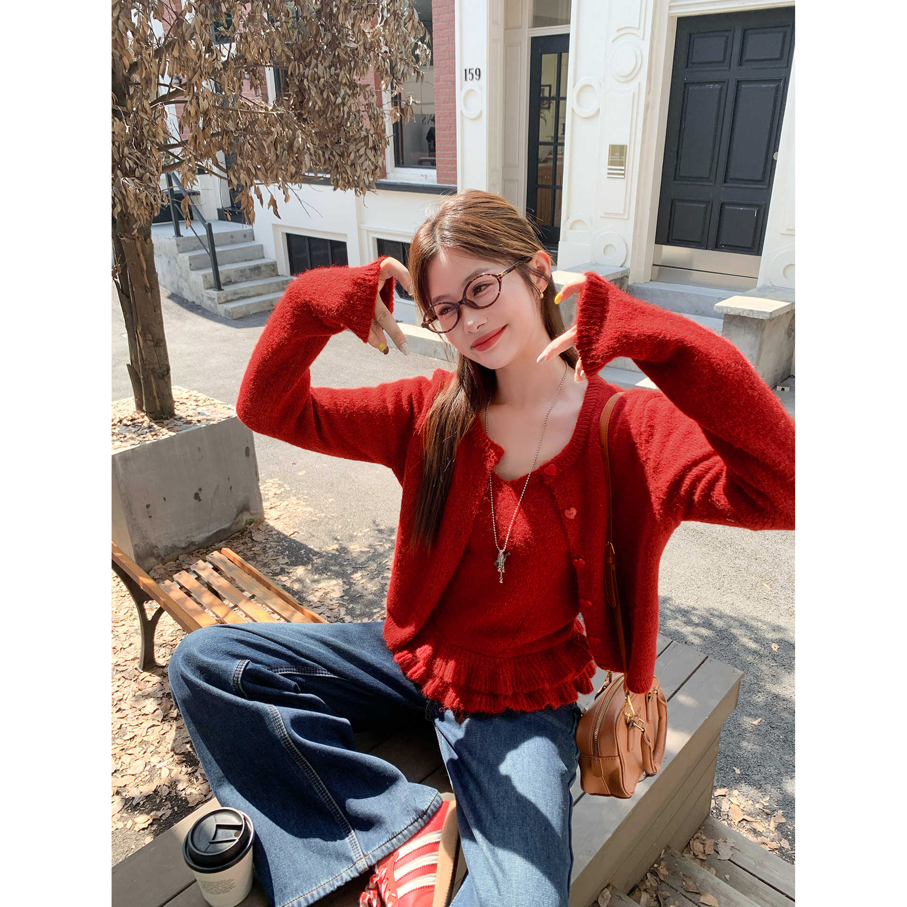 圣诞氛围红色毛衣开衫吊带背心两件套 Z 5004#