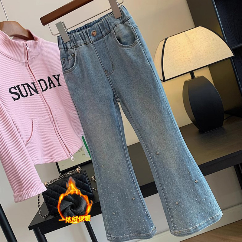 女童牛仔裤中大童冬季甜美百搭喇叭裤儿童装一体加绒加厚微喇叭裤