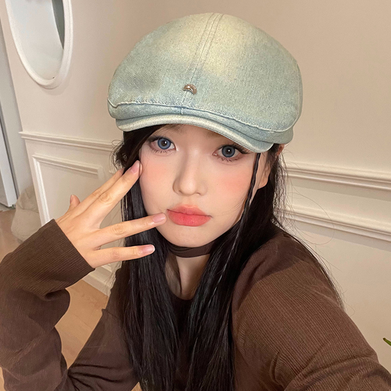 美式风帽子水洗牛仔前进帽女春夏季报童帽美式复古贝雷帽鸭舌