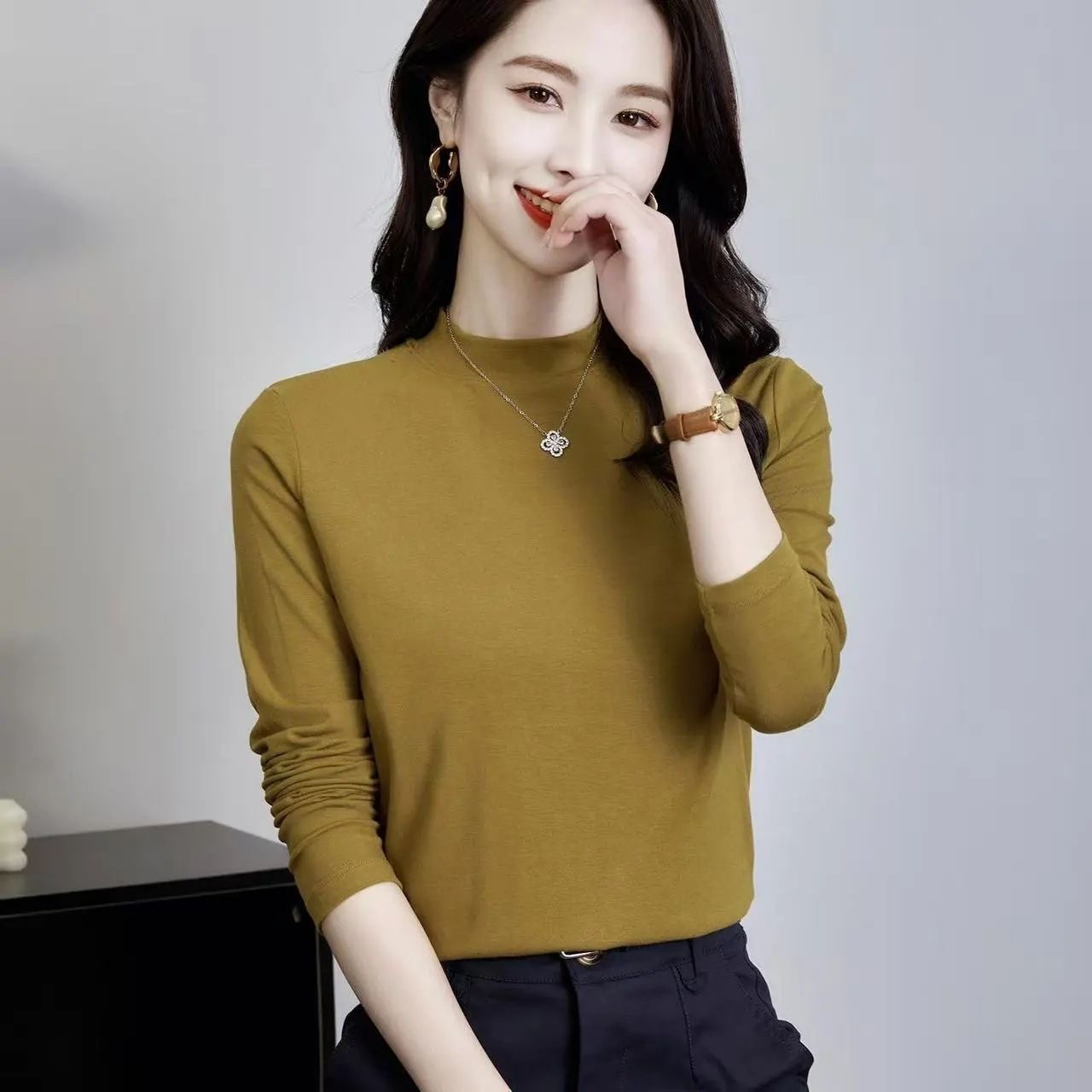 秋冬小立领打底衫女新款百搭修身显瘦T恤保暖长袖上衣