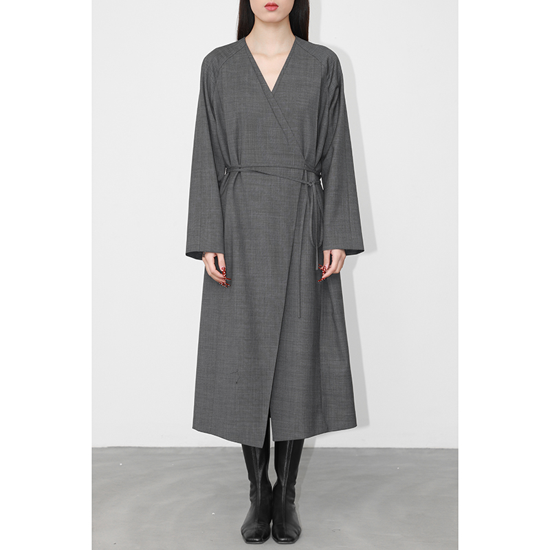 JUZININE原创设计精纺羊毛连衣裙不对称领系带收腰薄灰色长裙春夏