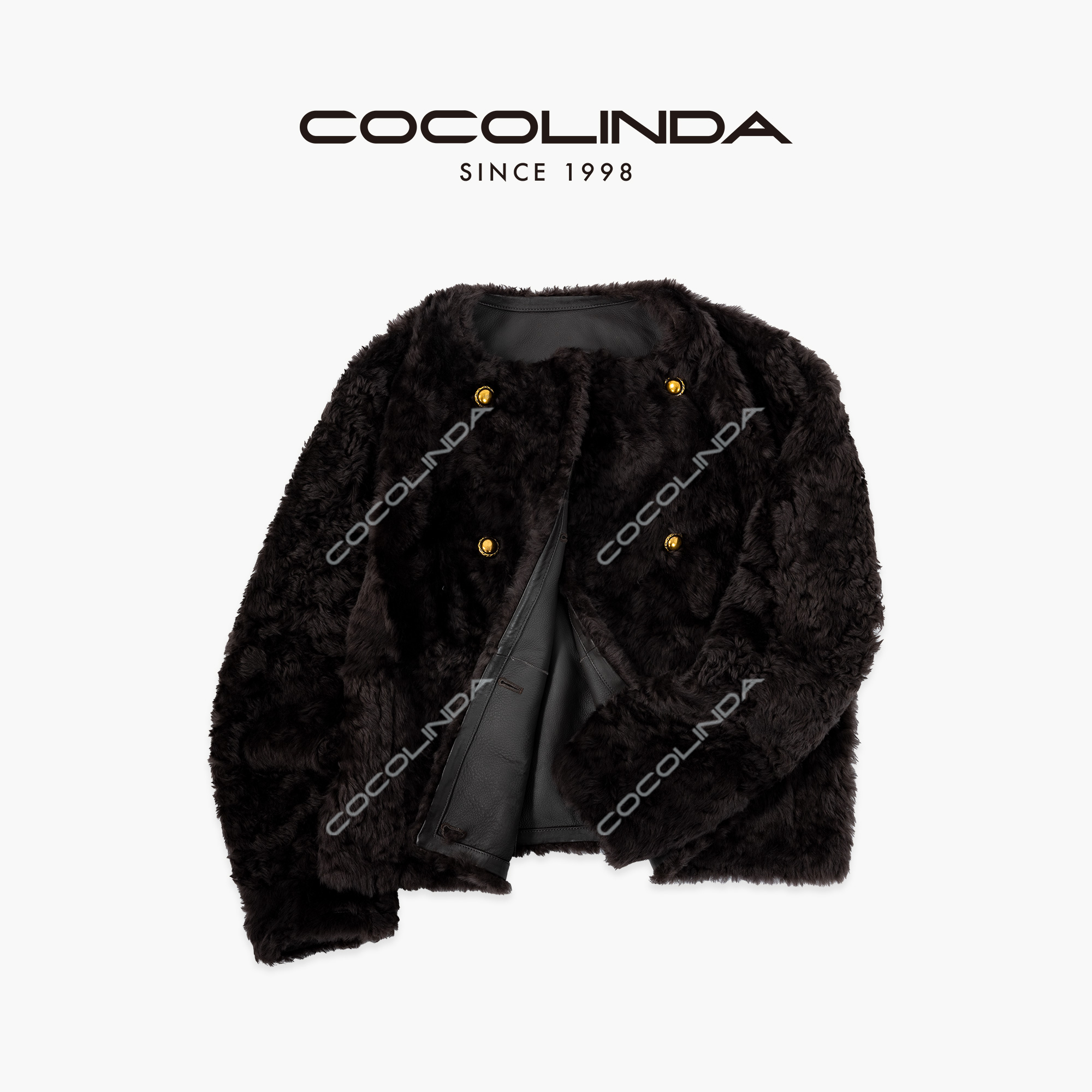 COCOLINDA100%羊毛皮巧克力棕大衣皮毛一体双面穿中长外套F5492