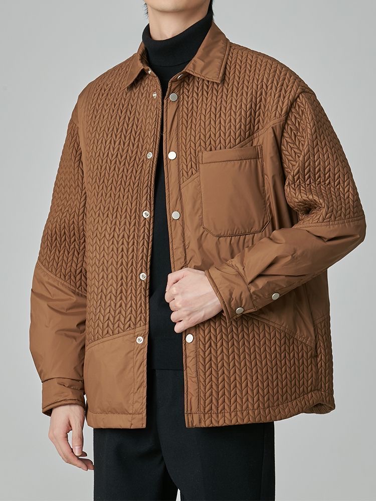 秋冬薄款男士焦糖色翻领棉服麦穗图案轻奢时尚纯色百搭休闲棉服