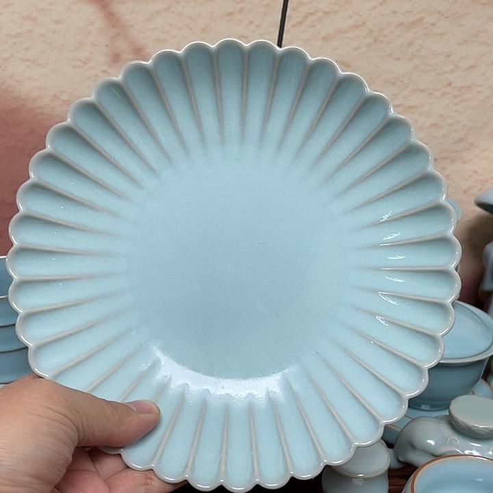 盖碗天青菊花大盘18.5