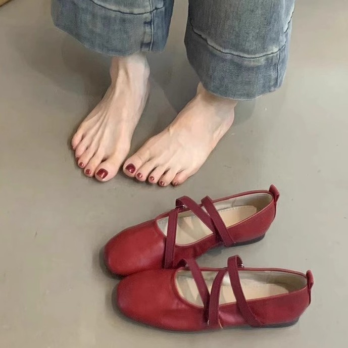 羊皮版~法式交叉带红色玛丽珍鞋平底单鞋女浅口晚风仙女芭蕾舞鞋