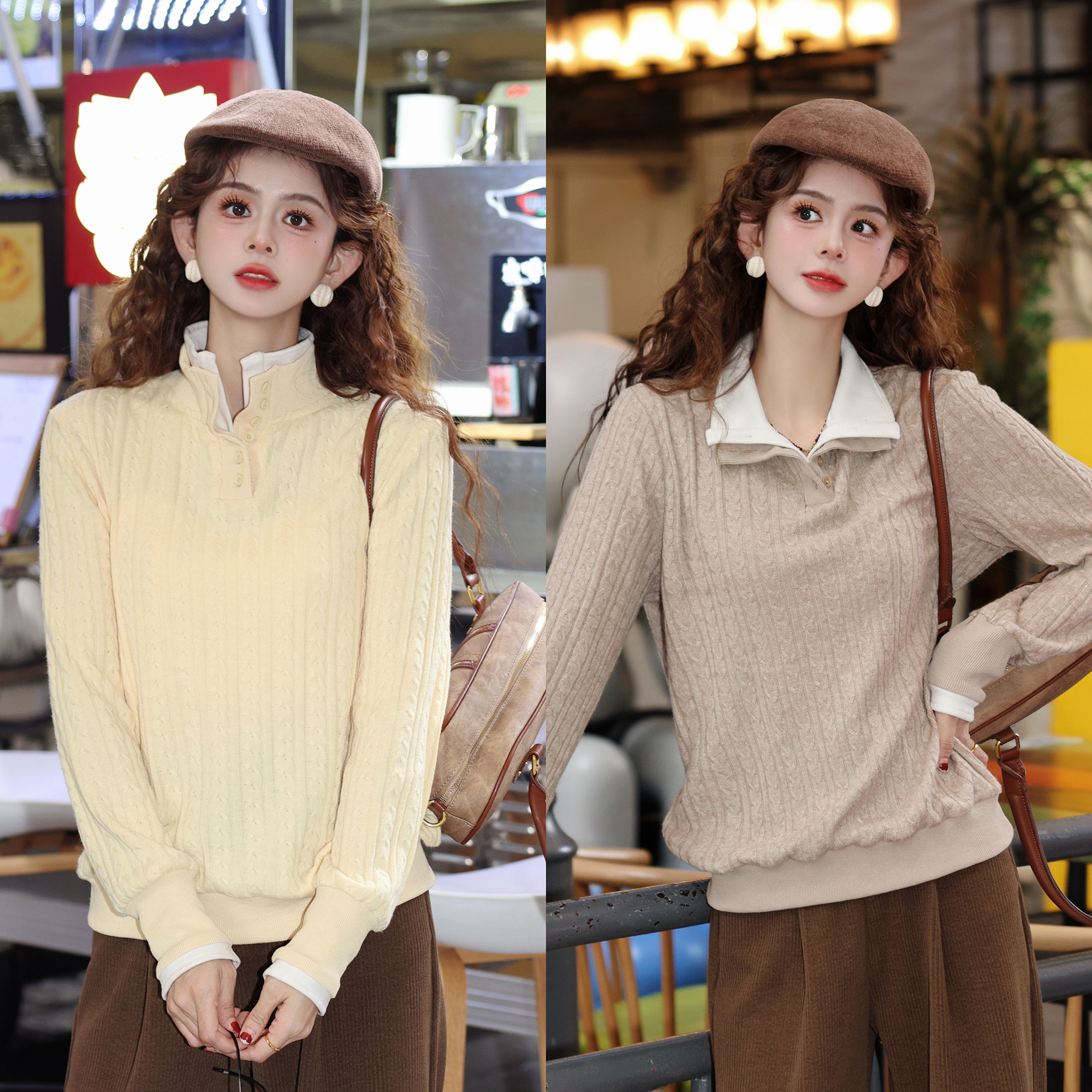 陈大器【信纸泛黄】港风复古假两件套头宽松百搭针织衫JP3629280