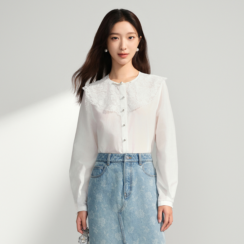 【专享】新中式蕾丝云肩长袖白衬衫含桑蚕丝设计感DOUBLOVE贝爱秋款