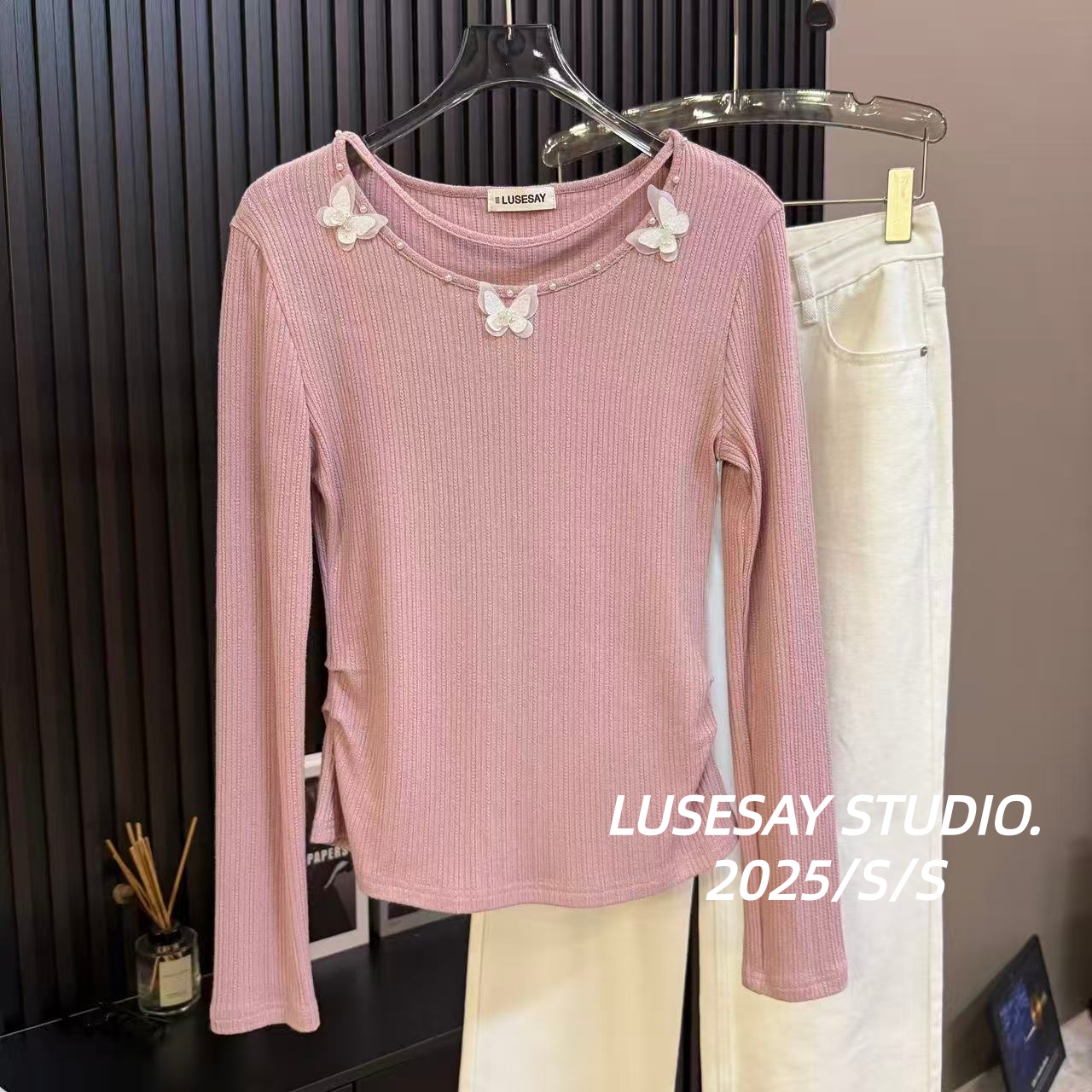 LUSESAY 立体蝴蝶刺绣钉珠 2025秋季新款长袖t恤女百搭显瘦上衣